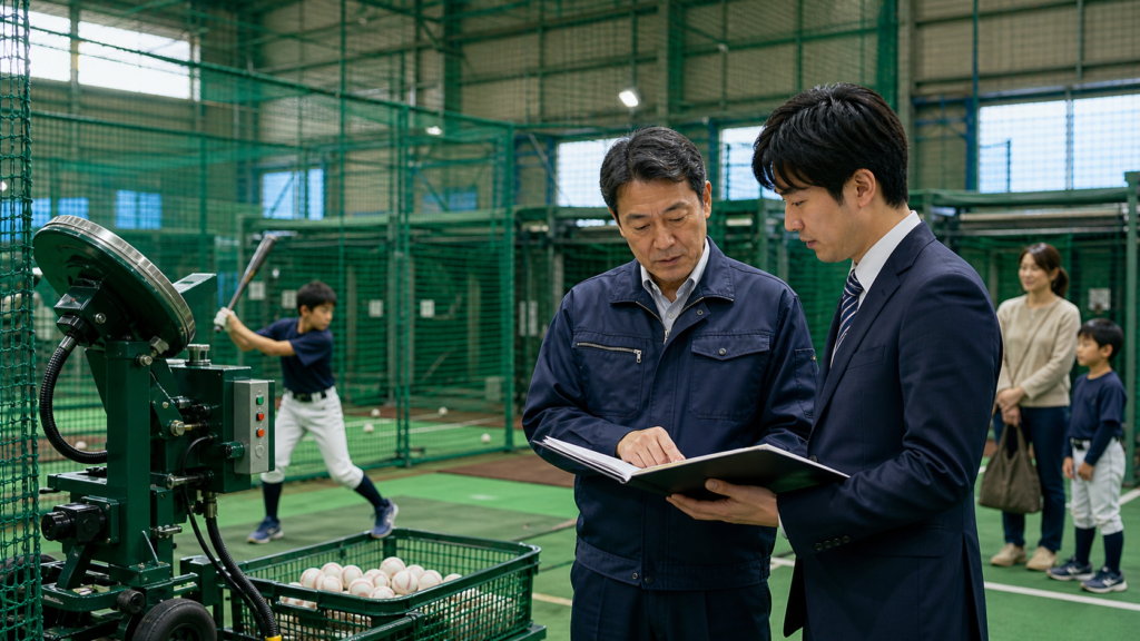 地方のバッティングセンターM&Aでピッチングマシン更新と地域需要を確認する場面