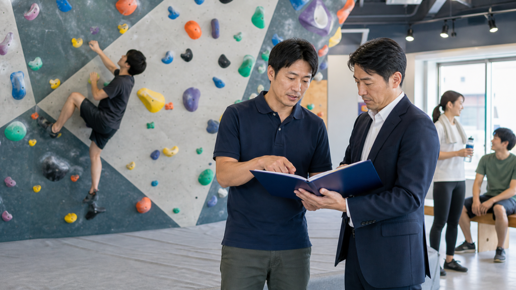 地方のボルダリングジムM&Aで会員継続と安全管理を確認する場面