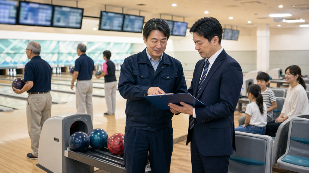 地方のボウリング場M&Aでリーグ会員と設備更新を確認する場面