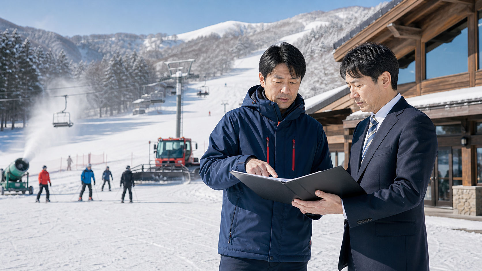 地方のスキー場M&Aで索道設備と観光連携を確認する場面