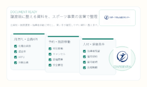 スポーツM&A総合センター公式ロゴ素材を使用した資料準備チェック図